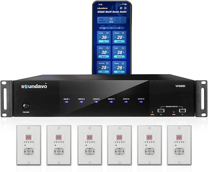 WS66i 6 Zone Amplifier with Wall Keypads – 100W per Zone Whole House Audio System, 6 Source x 6 Zone App & in-Wall Keypad Controlled Multi-Room Amplifier, AirPlay, Spotify Connect