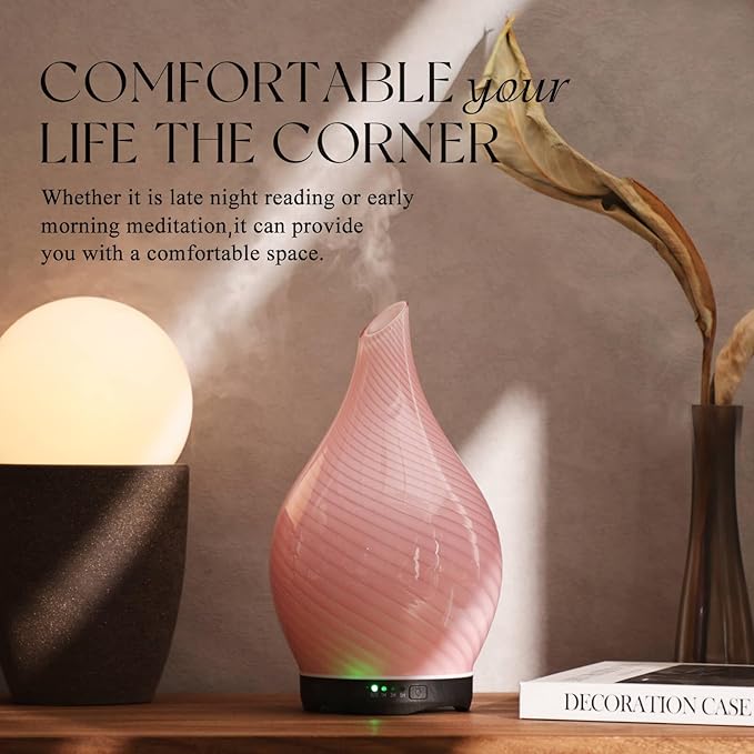 Porseme 280ml Essential Oil Diffuser Glass Color Changing Aroma Air Diffusers Aromatherapy Ultrasonic Cool Mist Humidifier 7 Running Hours Waterless Auto-Off for Sleeping, Yoga, Spa (Pure Pink)