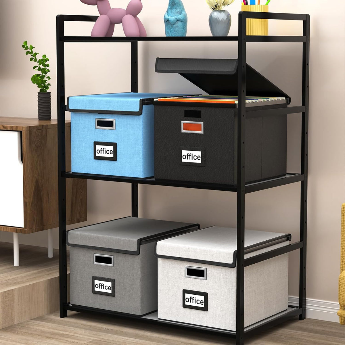 Huolewa Portable Leather File Organizer Boxes with Lids, Office Document Boxes Organizer, Filing Boxes, Decorative Small File Boxes for Hanging Files with Plastic Slide for Office/Decor/Home