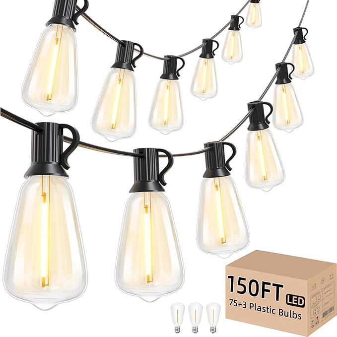 Svater Outdoor String Lights 150 FT, ST38 Patio Lights with 78 pcs Shatterproof Dimmable Vintage Edison Bulbs, Weatherproof Warm White Light for Patio, Backyard, Garden, Bistro