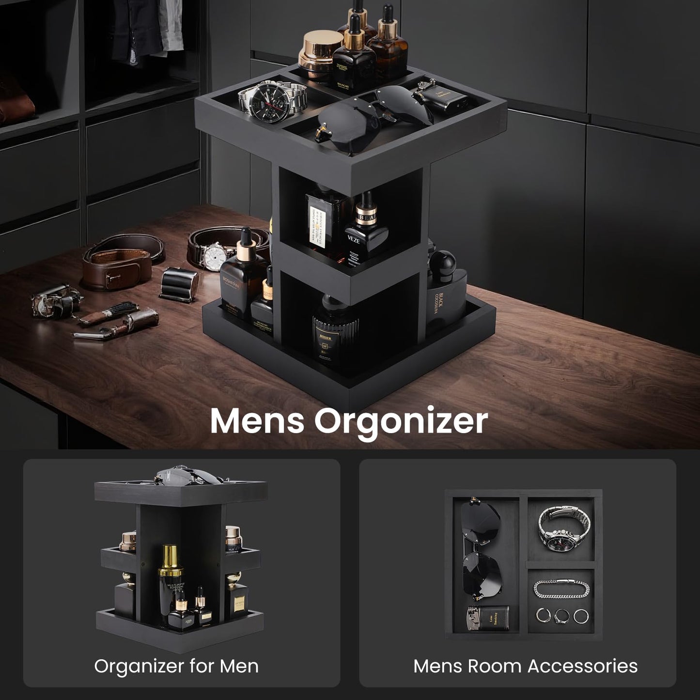 EXIN DECHEN Cologne Organizer for Men,Cologne Stand,3 Tier Large Capacity Wood Perfume Shelf with Rotate,Desk & Nightstand Organizer,Mens Husband Birthday Gifts Ideas,Gifts for Men(Black)