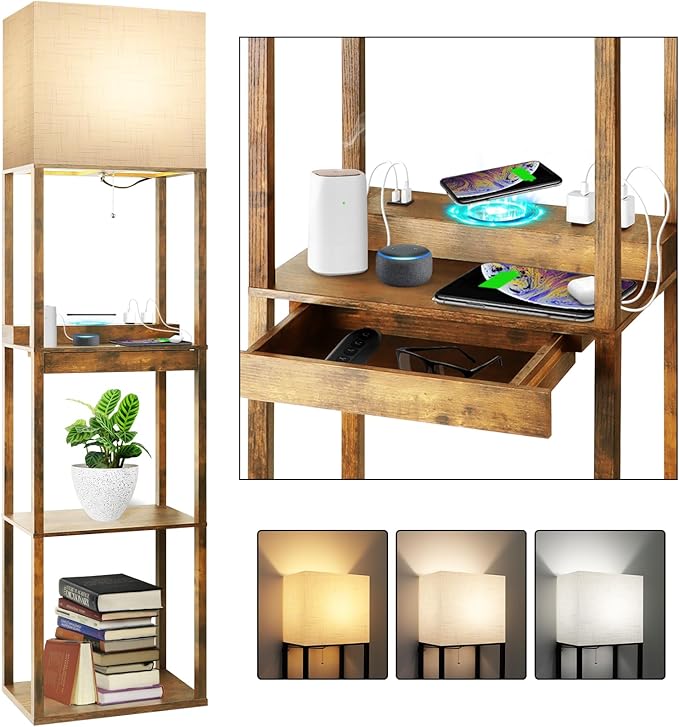 RUNTOP Floor Lamp with Shelves, Plus Shelf Lamp with Wireless Charger, 2 USB Port and Outlet, 1 Drawer, 15W LED Bulb, 3 Colors, Memory Function, Floor Lamps for Living Room, Standing Lamp for Bedroom