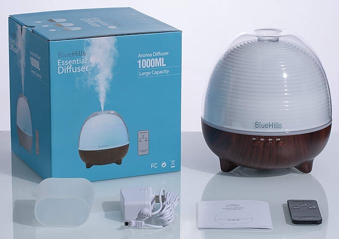 BlueHills Premium Set of Two Large 1000 ML XL Essential Oil Diffusers Humidifier Combo for Large Room Home with Décor LED Lights Great Gift – Value Pack of Dark Wood Grain and Wood Grain.