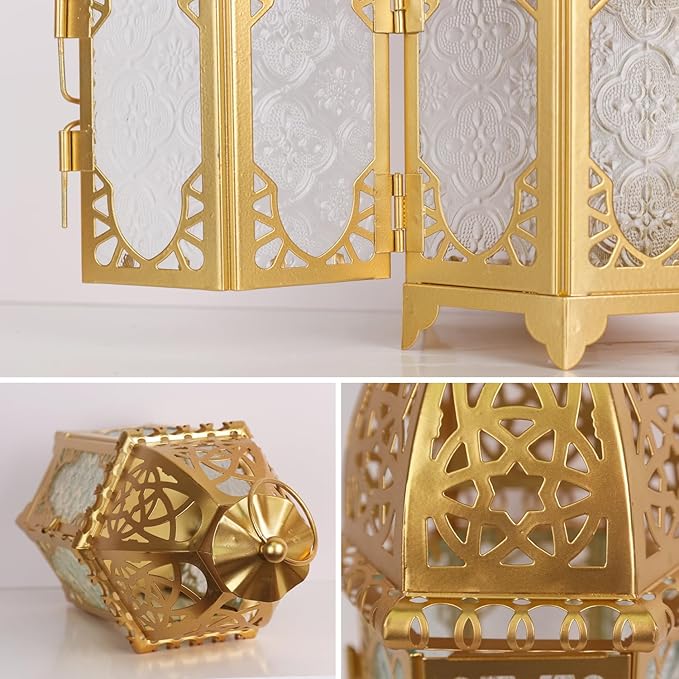 DECORKEY Moroccan Lanterns Decorative Indoor & Outdoor, 11’’ Medium Size Golden Metal Hanging&Tabletop Candle Holder Decor, Halloween Christmas Ramadan Decorations for Home Porch Patio (Golden)