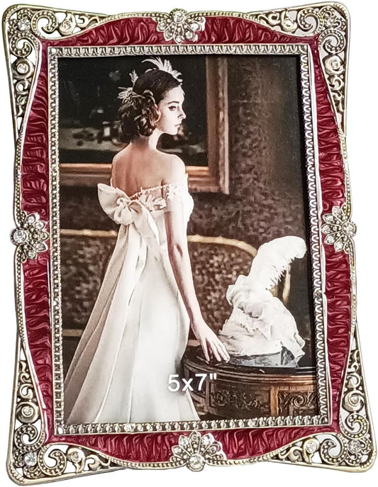 Lydemcia 5x7 Vintage Metal Picture Frame, Antique Enamel Luxury Photo Frame with Glass Front, Horizontal Or Vertical, Retro Decoration, Anniversary Birthday Wedding Gift