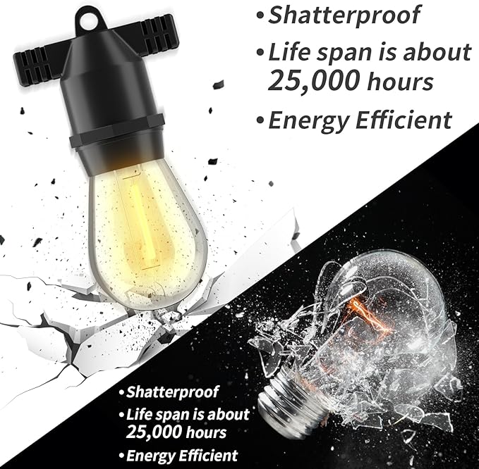 27FT LED Outdoor String Lights, IP65 Waterproof, S14 Shatterproof Outside String Lights (Maximum 918FT) Edison Vintage Bulbs Patio, Balcony, Deck, Garden Lights