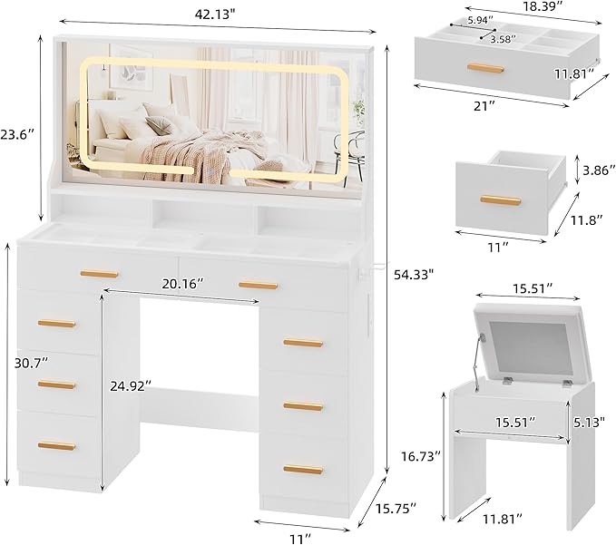 IDEALHOUSE Vanity Desk with Mirror and Lights, Makeup Table with Glass Top & 8 Drawers, 3-Color LED Mirror, Power Outlets & USB, Hair Dryer Holder, Stool Included, Dressing Table Set for Bedroom