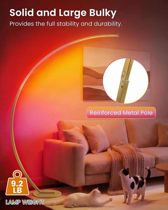 RGBW Floor Lamp, 75 inch Standing Tall Lamp, Dimmable Arc Floor Lamp for Living Room with Foot and Remote Control, 18 DIY Colors, 3000K-6000K White, Color Changing Ambient Light, Gold RD62LD05