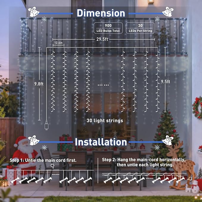JMEXSUSS 9.5x29.5ft Curtain Lights Indoor Outdoor Decor with Remote, 900LED White Christmas Lights Plug in, Hanging String Lights for Bedroom, Wall, Window, Patio, Garden, Wedding, Reception, Backdrop