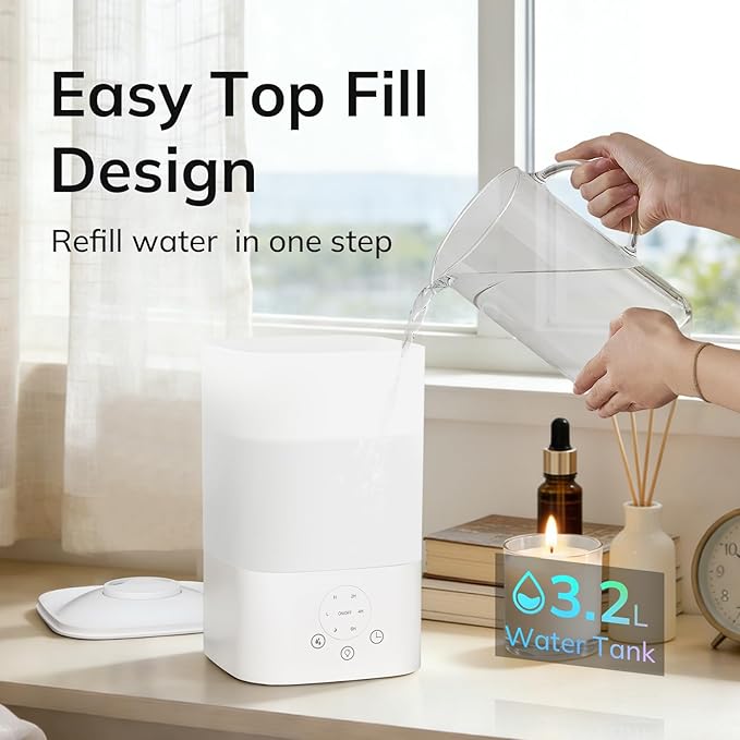 ZAFRO 3.2L Comfort Humidifier for Bedroom, 7 Color LED Night Light, Top Fill Design & Multiple Mist Levels, 24 dB Quiet Ultrasonic Comfort Humidifiers, White, Touch Control