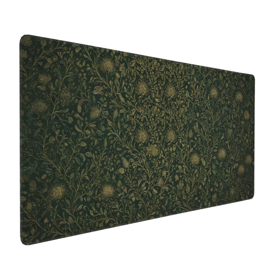 Dark Green Floral Desk Mat Gold Flowers XXL Large Desk Pad - Anti-Slip Stitched Edges Mouse Pad for Women, Office & Home, Extra Big Computer Keyboard Mat for Desktop, Aesthetic Office Decor