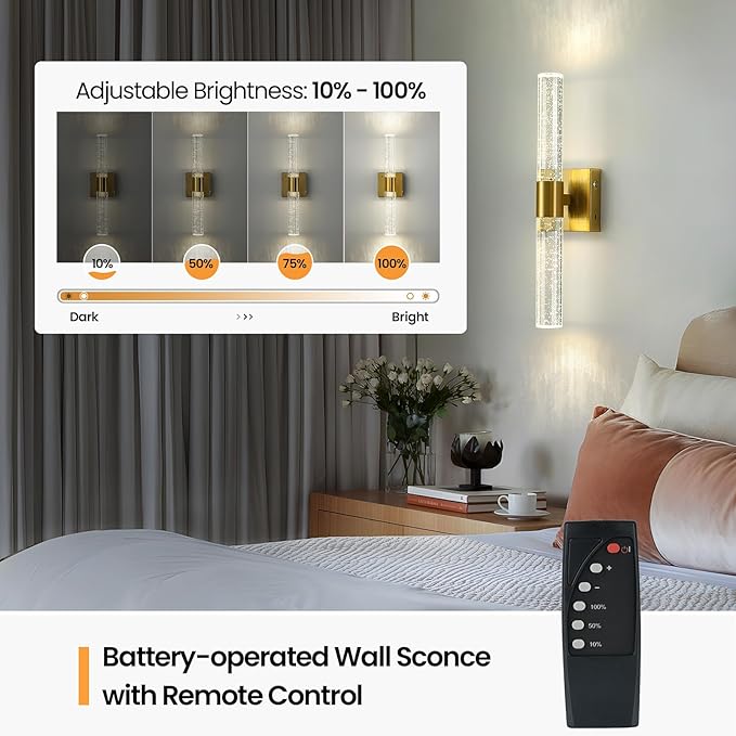 Gold Wall Sconces Set of Two Battery Operated, Wireless Rechargeable Wall Sconce Set of 2 with Remote Control, Modern LED Wall Light for Bedroom, Living Room, Hallway (4000K)