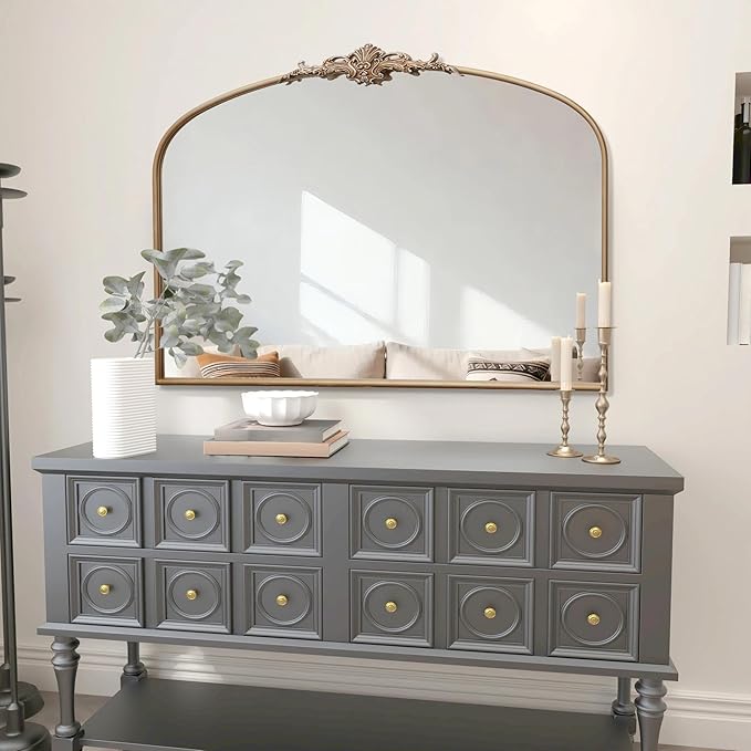 Besdomus Large Arched Vintage Mirror: 48"x33" Oversize Champagne Gold Antique Wall Mounted Mirror - Baroque Traditional Ornate for Fireplace/Bathroom/Living Room - Home Decor for Housewife