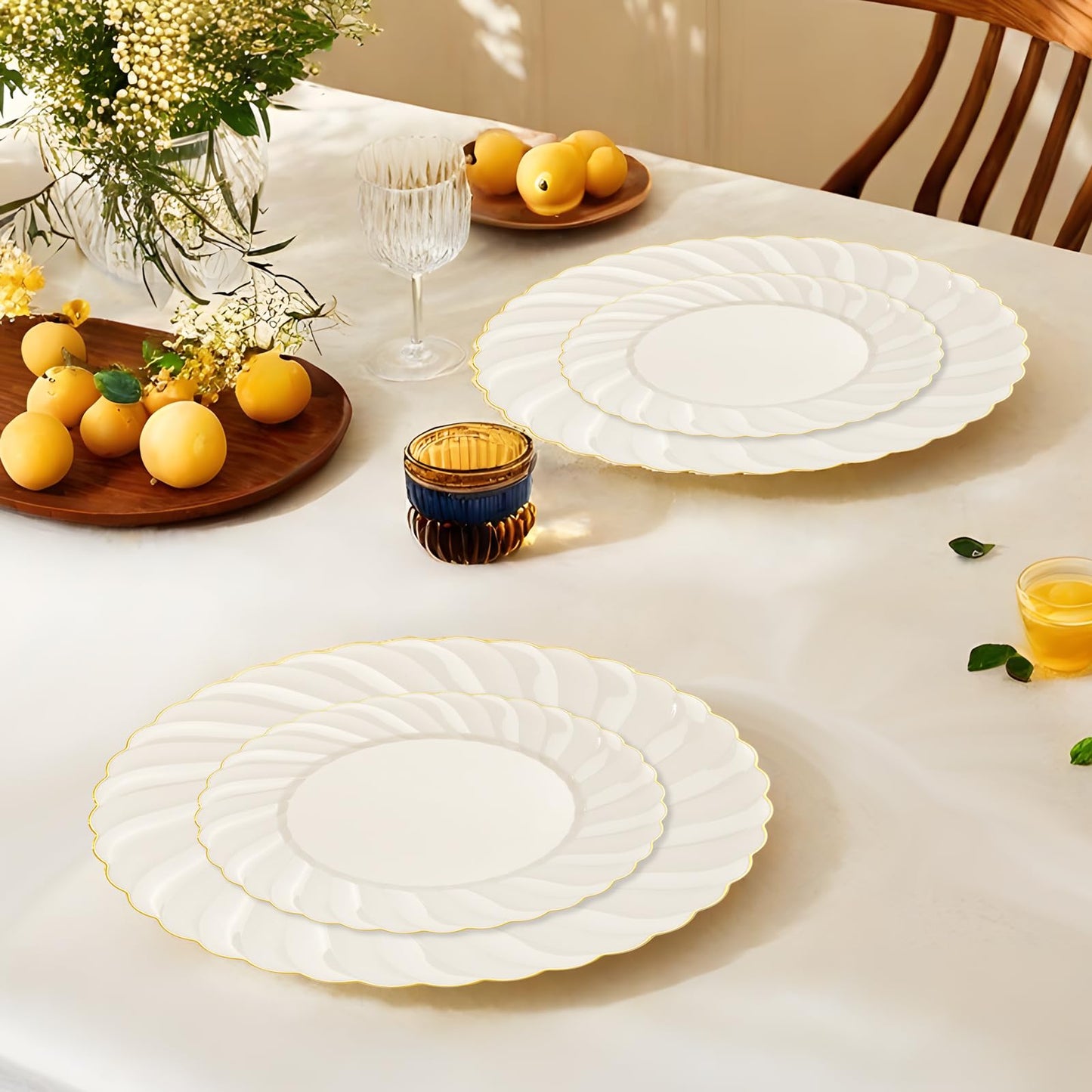 YOUBET 125PCS Scalloped Plastic Plates - Ivory Scalloped Disposable Plates - Gold Plastic Dinnerware Set Include 50 Plates, 75 Gold Silverware for Party & Wedding