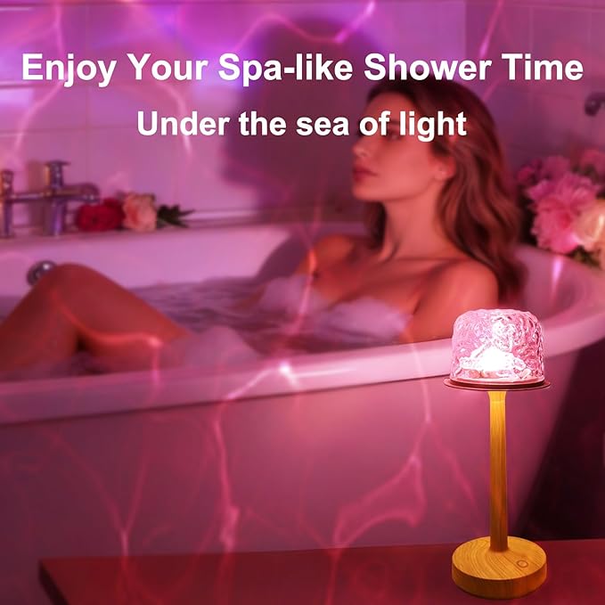 Waterproof Shower Lamp Cordless, Rechargeable Shower Light with 16 Color Ocean Wave Lights Projector, Rechargeable Bathroom Lamp with Touch & Remote Control,Spa-Like Mood Light for Bathtub/Shower