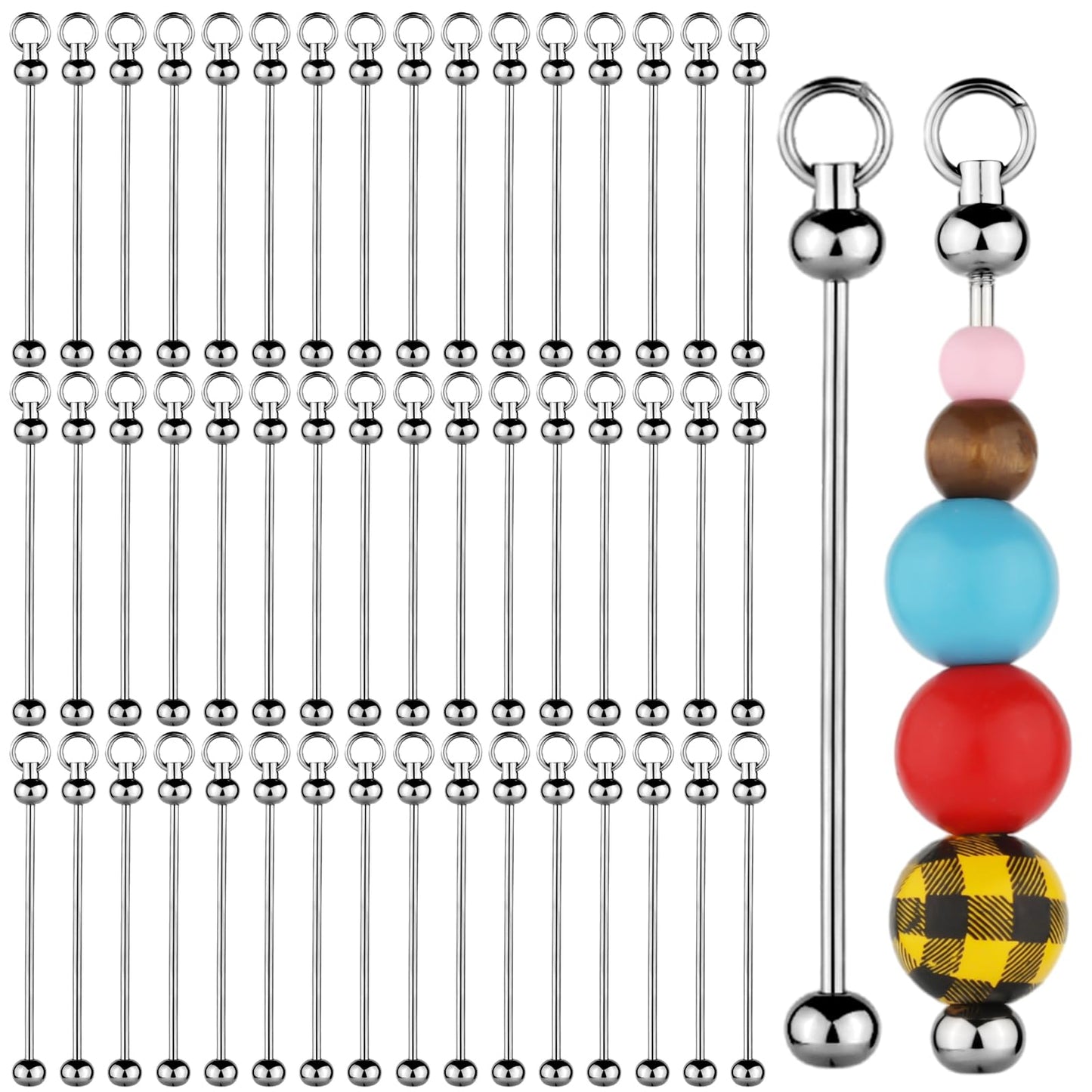 50pcs Blank Beadable Keychain Bars, Metal DIY Bead Keychain Eady Detachable Key Chain Making Accessories for Craft Project Pendant (Silver)