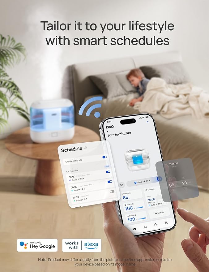 Humidifiers for Bedroom - DREO Quiet (4L Water Tank) Cool Mist Top Fill Essential Oil Diffuser for Home, Smart App & Voice Control, Rapid Ultrasonic Humidification Baby Nursery and Plants, Blue