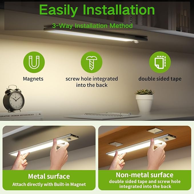 Motion Sensor Under Cabinet Lighting-Magnetic Rechargeable Closet Lights for Kitchen,Stairs,Wardrobe | 3-Color Dimmable LED Under Counter Lighting | Cord-Free Light Bars (9.5inch-2Pack)