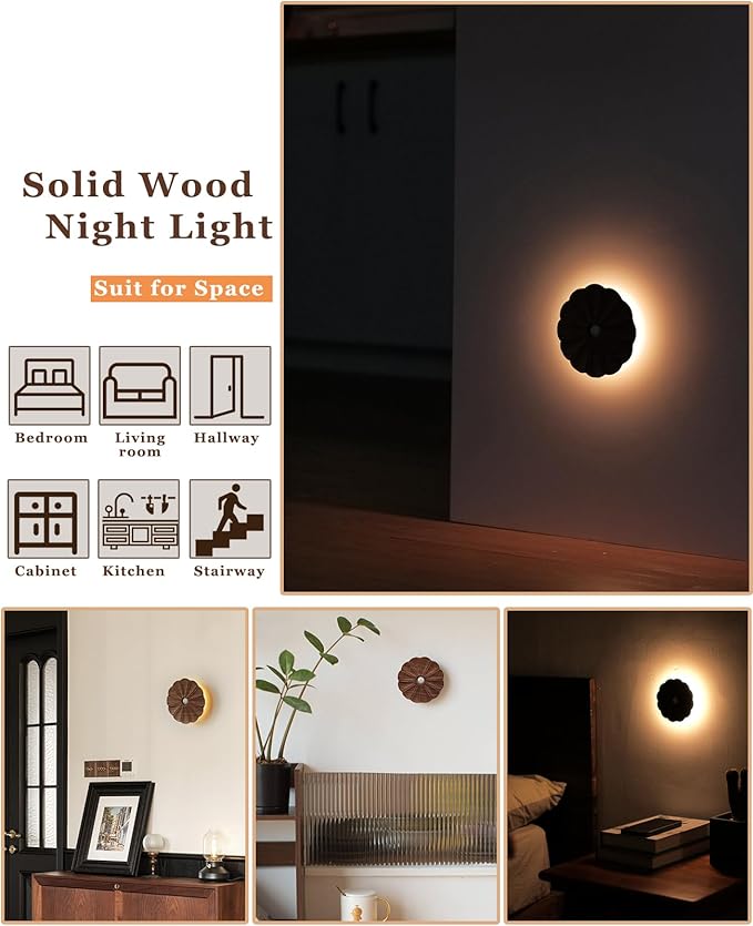 Motion Sensor Night Light Wooden Carved Flower USB Rechargeable Stick-On Step Lights Magnetic Mini Wall Lights for Hallway Bedroom Living Room Stair (Black Walnut)
