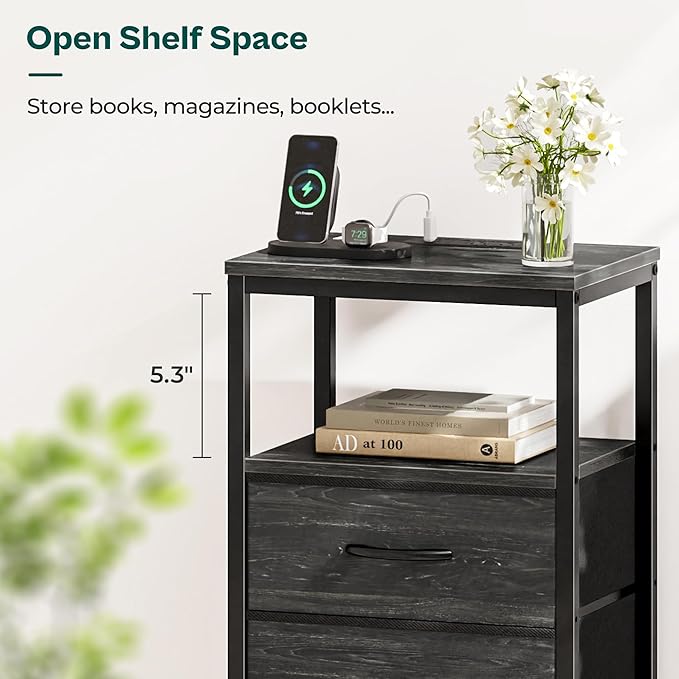 Huuger Nightstand with Charging Station, 27.6 Inch End Table Bedside Table with USB Ports and Outlets, Night Stand for Bedroom, Fabric Drawers, Charcoal Black Wood Grain Print