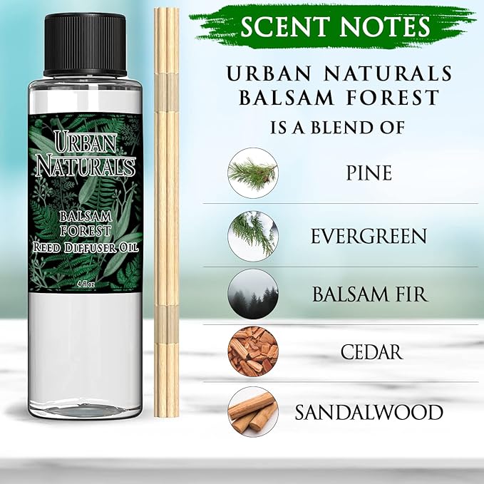 Urban Naturals Balsam Forest Oil Reed Diffuser Refill + Free Set of Reed Sticks - Fragrance Notes of Pine Fir Needles, Evergreen, Woodsy Cedar and Sandalwood – Vegan, 4 oz Made in the USA