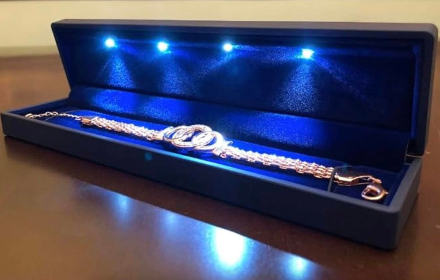 Elegant Luxury Bracelet Long Chain LED Light Jewelry Box for Display, Storage, Gift, Anniversary and Wedding. (Blue)