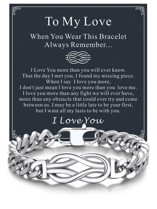 Bandmax Gift for Him BF Husband Infinity Love Knot Chain Bracelet with Love Message Card Luxury Look Mens Link Bracelets 9 Inch Ideal Gift for Valentines Day Christmas Father's Day