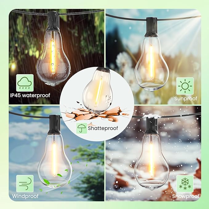 Outdoor String Lights 50FT LED String Lights for Outside with 27 A39 Waterproof Edison Bulbs (2 Spare), Patio Lights Outside Hanging for Bistro,Balcony,Porch,Yard,Garden,Black Cord