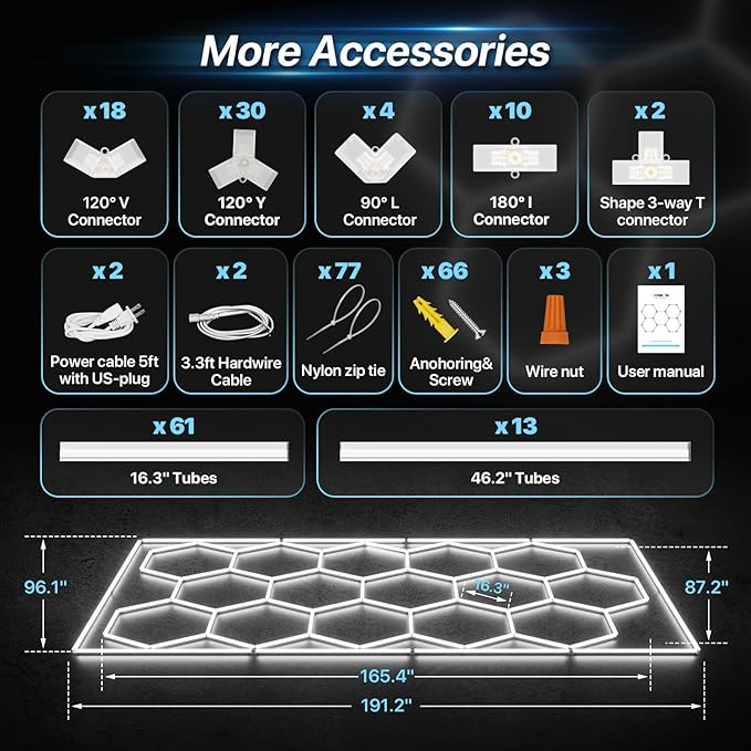 HYPERLITE Gen 2 Hexagon Garage Light, Upgraded 3 Level Dimmable 624W 62400LM Super Bright Garage Detailing Lights, 15 Grids with Rectangle Frame Shop Light, Hexagon LED Lights for Gym