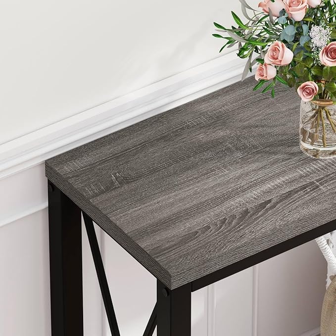 BON AUGURE Console Tables for Living Room, Industrial Couch Table Behind Sofa, Wood Metal Entryway Tables for Hallway, Entry Way Table for Foyer, Entrance, Front Door (Dark Grey Oak, 47 Inch)