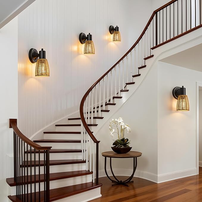 Boho Rattan Wall Sconces Set of 2 - Vanity Lights for Bathroom Farmhouse Wall Light Fixtures with Rotary Switch - Black Indoor Wall Mount Lighting Rustic Lamp for Bedroom Living Room Hallway