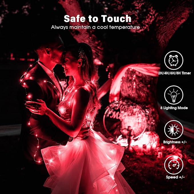 Fairy Lights 66ft 200 LED USB Twinkle String Lights Plug in Silver Wire Lights with Remote and Timer 8 Modes Outdoor Waterproof Starry Lights DIY Party Wedding Christmas Decoration（Red）