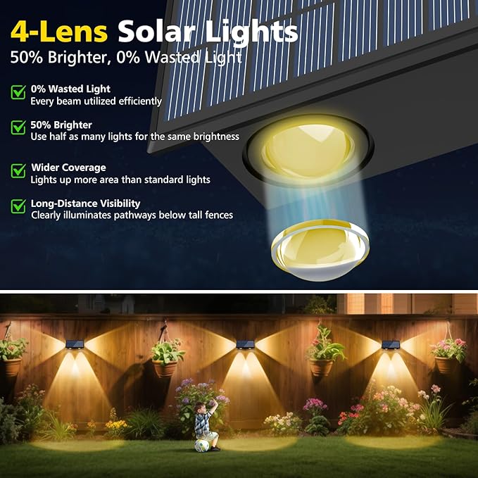 T-SUN Solar Fence Lights, 10 Pack Fence Lights Solar Powerd Outdoor 3000K 2 Mode Bright Warm White, Waterproof Dusk to Dawn Wall Fence Light for Backyard Wall Railing Patio Porch Pool