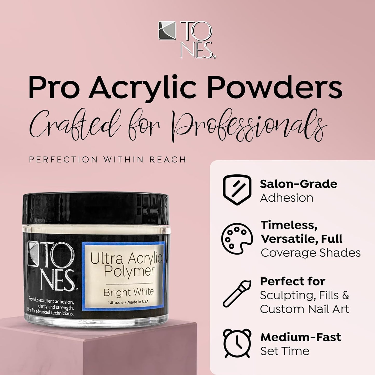 Tones Pro Acrylic Nail Powder, Sparkling Bright White (Opaque Off-White), (3.5 Fl Oz) - Long-Lasting & Non-Yellowing Polymer for Salon Quality Nail Extensions & 3D Art