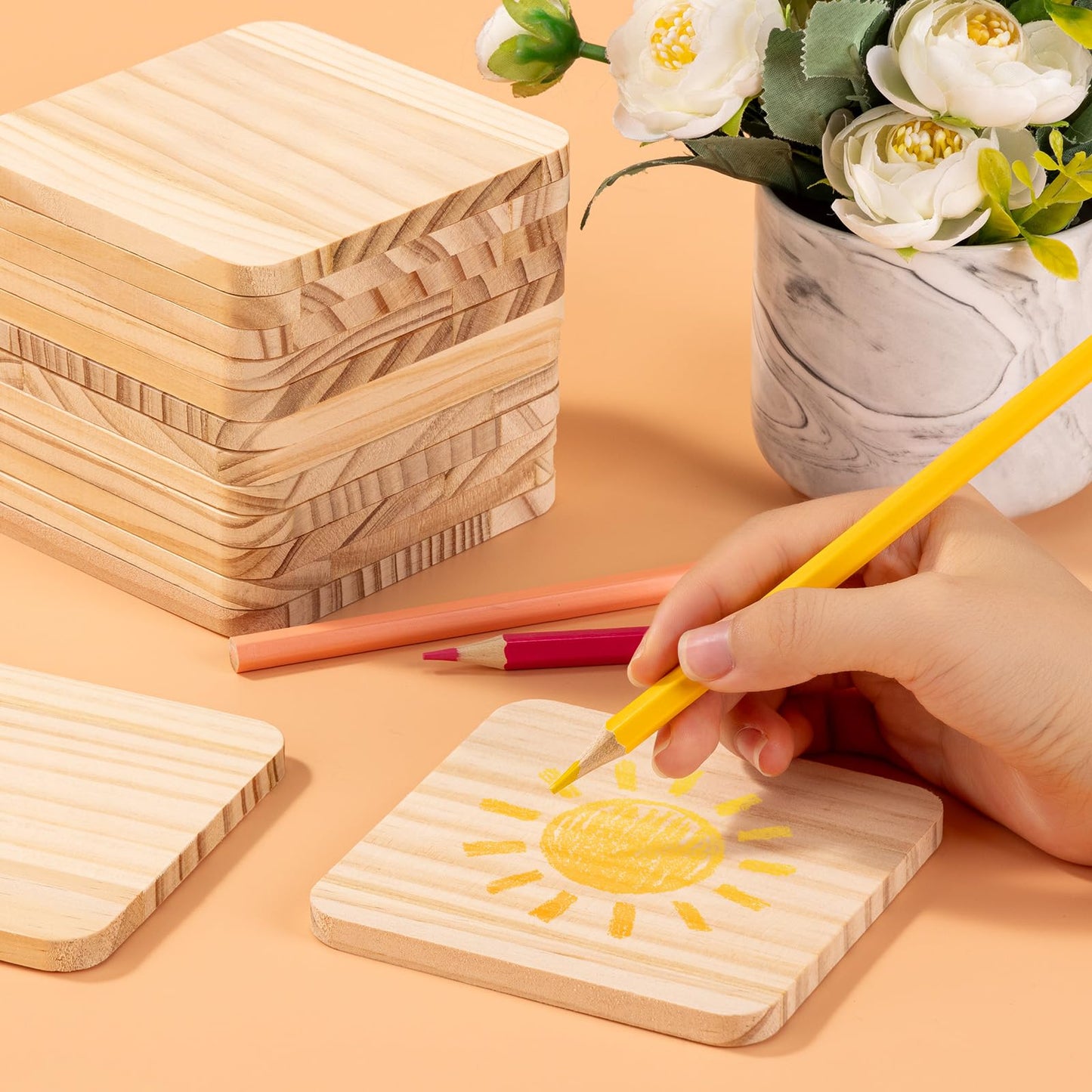 46Pcs Unfinished Wood Coasters-4" Unfinished Natural Wood Slices for Crafts Round with Non-Slip for Wedding Decoration/Blank Coasters Wood Kit DIY Architectural Models Drawing Painting Wood Engraving"