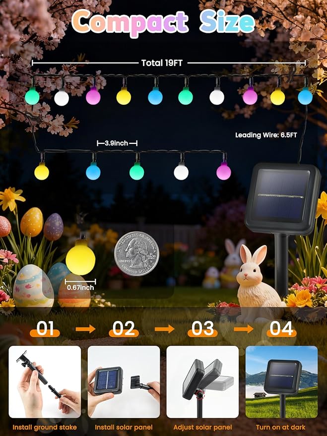 LORRYTE 2-Pack 80 LED Solar Easter Lights Outdoor - 39FT Crystal Globe Waterproof Solar Pastel String Lights for Outside with 8 Lighting Modes, Easter Decorations for Garden, Patio, Party, Porch