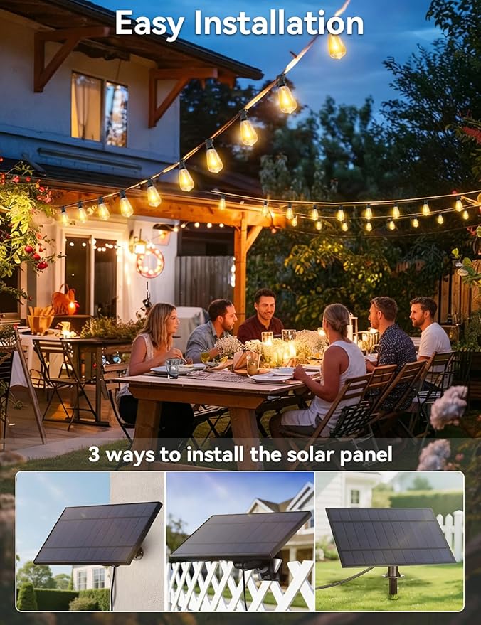 Brightever 150FT Solar String Lights Outdoor Waterproof with Remot, 55+2 Shatterproof ST38 LED Bulbs, Dimmable & 3 Lighting Modes, Warm White Solar Patio Lights for Balcony, Deck, Wedding