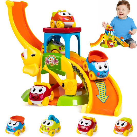 Marstone Toddler Toys for 1 2 Year Old Boys and Girls Gifts: Educational Elephant Slide with 4 Animal Cars Toys for Baby 12-18 Months, First Birthday Present Learning Push Truck Track Ages 1-2