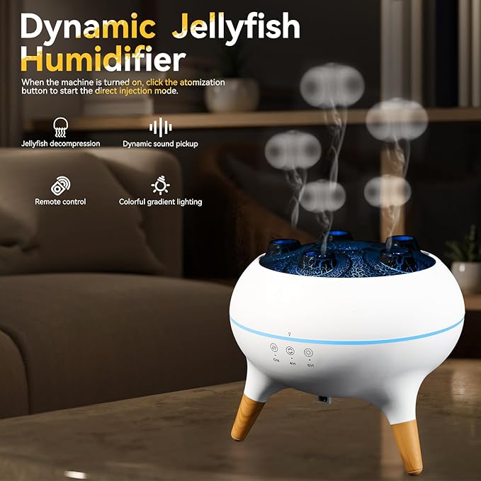 Dynamic Jellyfish Humidifier, 7 Color-Changing LED Lights, 2 Modes Fire Mist Waterless Auto Shut Off Aromatherapy Diffuser, Remote Control Humidifier for Bedroom, Office, Yoga, Gifts
