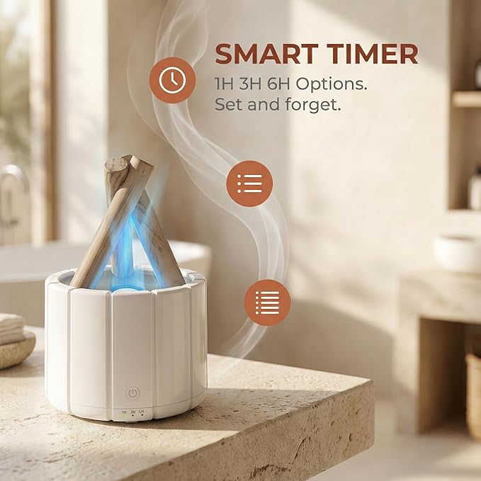 Aesthetic Campfire Essential Oil Diffuser, USB Rechargeable Wood Stack Humidifier with Remote, 7-Color Flame Light, Portable Aroma Diffuser for Home Office Decor, Unique Zen Gift (2, White, Black)