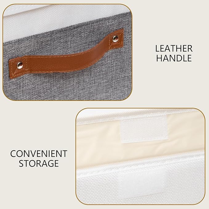 Yawinhe Storage Boxes with Lids, Linen Fabric Bin, Cube Organizer Basket, Washable and Leather Handle, for Home, Closet, White/Grey, 15.0''Lx9.8''Wx9.8''H, 1-Pack, USNK024WGL-1