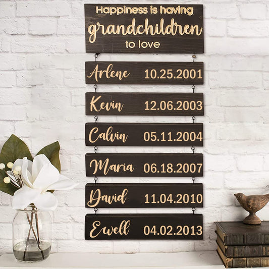 Amabery Happiness is Having Guandchildnen to Love Wood Sign Wall Hanging with 1-10 Names Birth Dates Personalized Grandparent Family Name Plaque Grandmother Grandfather Gift Ideas for Home