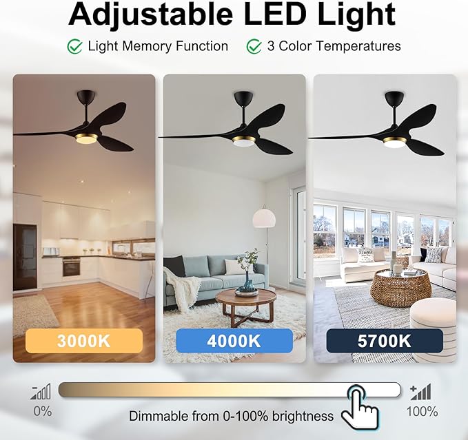 reiga 52 Inch Black Modern Ceiling Fans with Lights and Remote Control, Smart WiFi 3 Blades Quiet DC Motor for Living Room Bedroom Patio Garage, ETL Listed