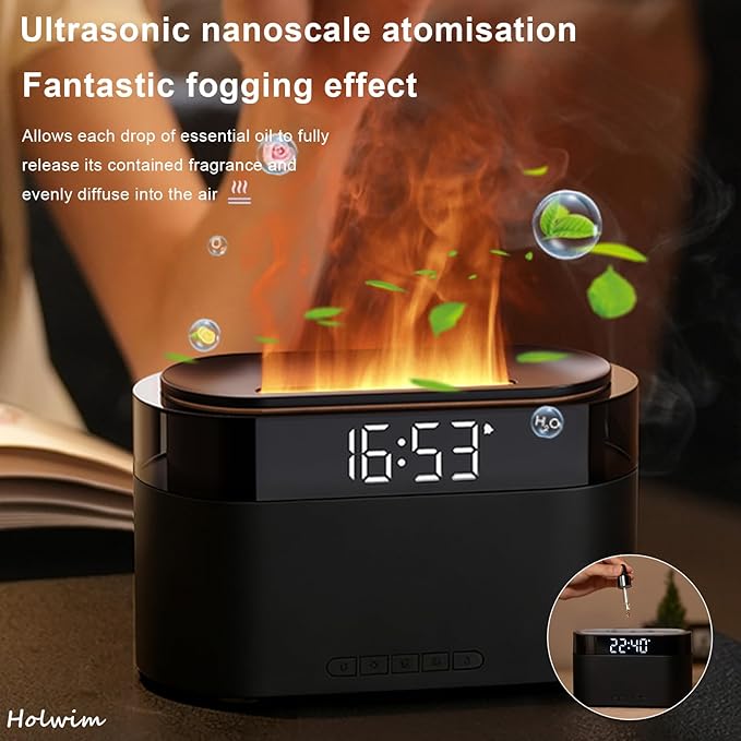 Aroma Diffuser with Flames & Digital Clock, 7 Colors Light Effect Fragrance Oil Diffuser, 150ml Humidifier with Remote Control, Clock Function, Timer, Waterless Auto-Off (Black)