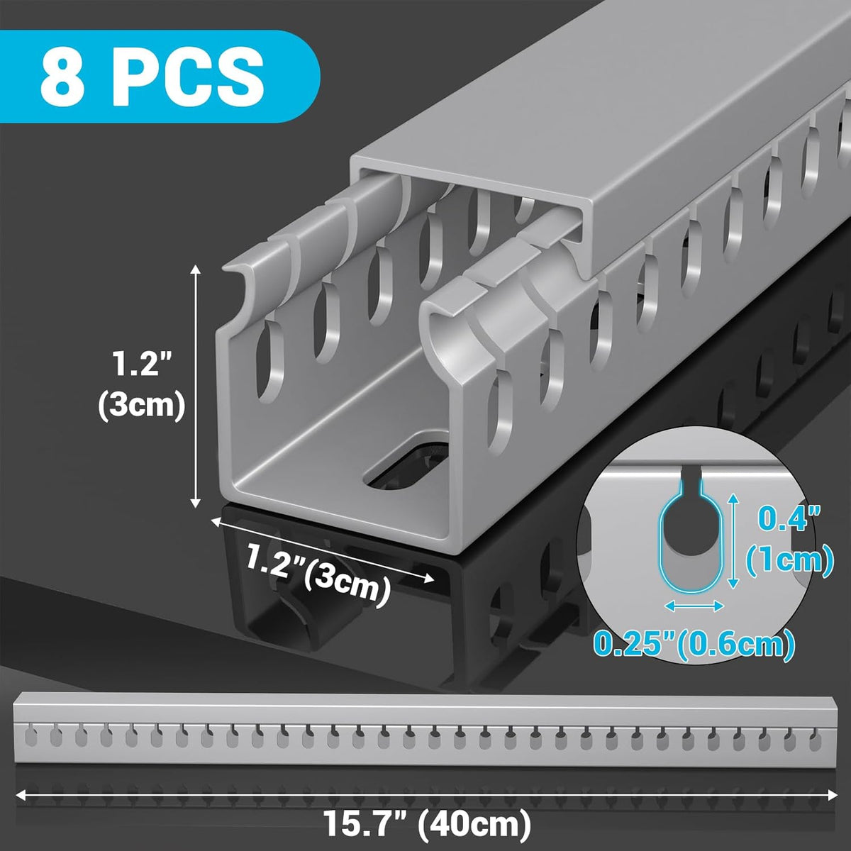 Open Slot Wire Duct Kit, 125.6"(8 x 15.7) Server Rack Cable Management, Cable Management Raceway for Hide Network HDMI VGA Cable, Wiring Raceway Cable Duct, Desk Wire Channel, 8 Pack, Grey