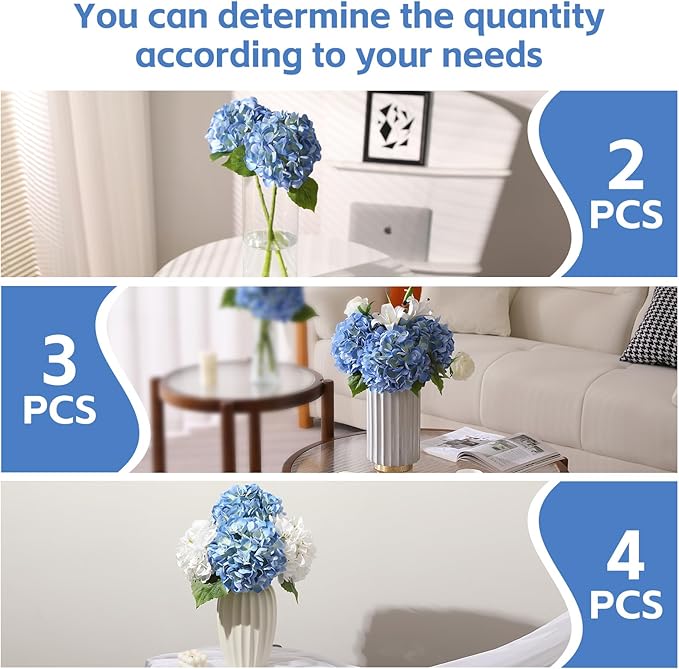 Nubry 22.44In Blue Hydrangea Artificial Flowers, 3Pcs Latex Faux Real Touch Large Hydrangea Flowers with Long Stems & Leaves for Home Office Decor Wedding Party Arrangements(Blue)