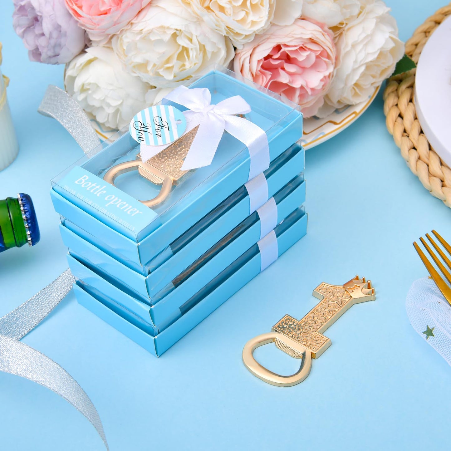 24 boxes of 1-year-old birthday party favors, guest gifts 1 Bottle opener, 1-year anniversary decorations, souvenirs, boy gifts