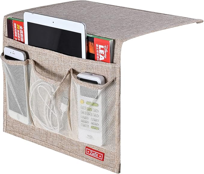 Linen 4 Pockets Bedside Caddy, Bedside Storage Organizer for Magazine, Remotes, Phone (Beige, Classic 4 Pockets)