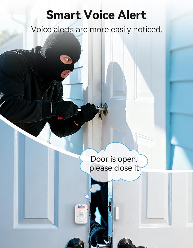 TECKNET Door Alarms for Kids Safety, Door Alarms When Opened, Window Alarm with Smart Voice Alert, 4-Level Adjustable Volume, Refrigerator Sensor Pool Alarm for Home Security、Fridge and Window, 2Pcs