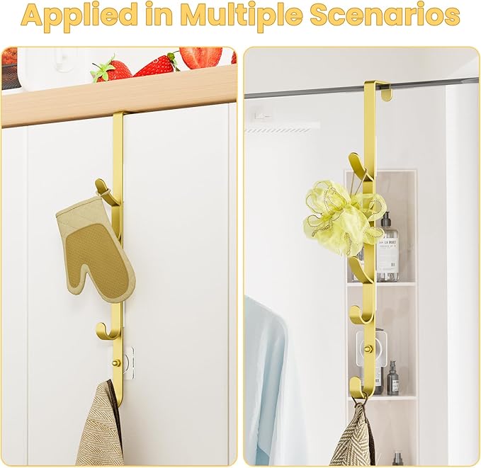 Over The Door Hooks, Metal Door Hooks for Hanging, Over The Door Purse Organizer for Door Coat Hanger, Back of Shower for Hanging Towel Rack Clothes, Hat, Bathroom, Closet (Gold-3Packs)